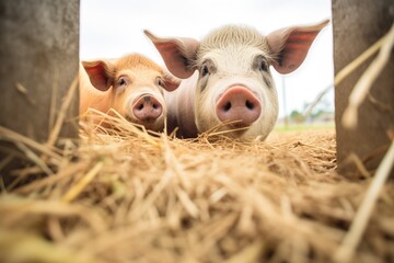 two hogs investigating under hay - obrazy, fototapety, plakaty