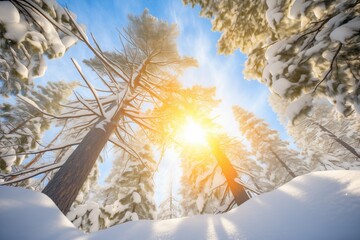 sunburst through a snow-covered pine canopy