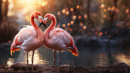 Heartbeat beautiful flamingos love each other, bokeh panorama, romantic landscapes, 8k resolution, national geographic photo, romantic emotion  - obrazy, fototapety, plakaty