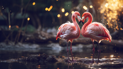 Heartbeat beautiful flamingos love each other, bokeh panorama, romantic landscapes, 8k resolution, national geographic photo, romantic emotion 