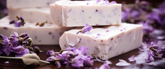 white soap squares with purple flowers on top
