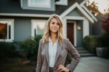 woman in business suit standing in front of house after signing a contract