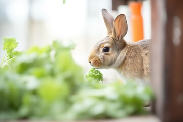 spotted rabbit munching carrot greens in a hutch - obrazy, fototapety, plakaty
