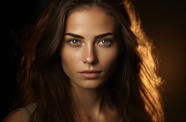 Naklejka premium young woman with black eyes standing with her face in dark brown