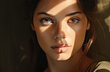 young woman with black eyes standing with her face in dark brown