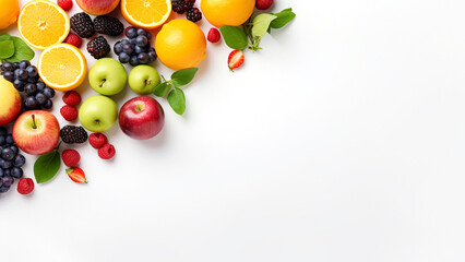 Naklejka na ściany i meble Top view of assorted fresh fruits on a clean white background