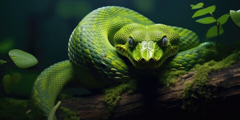 Green venomous snake on the tree