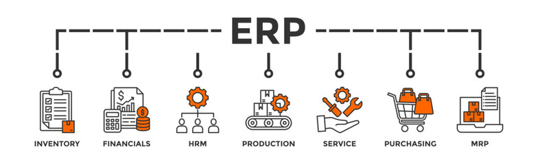 ERP banner web icon vector illustration concept for enterprise resource planning with icon of inventory, financials, hrm, production, service, purchasing, and mrp