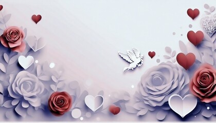 Valentine's Day-themed background image with romantic hues like reds and pinks feature symbols like hearts, roses, and Cupid. there are designated areas for promotional text and the company logo.