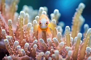 damsel fish amongst colorful coral polyps - obrazy, fototapety, plakaty