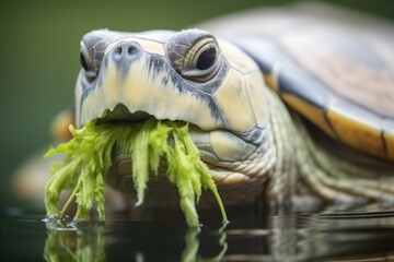 close view of a turtle in water with mouthful of greenery