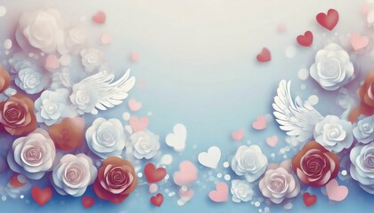 Valentine's Day-themed background image with romantic hues like reds and pinks feature symbols like hearts, roses, and Cupid. there are designated areas for promotional text and the company logo.