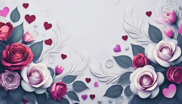 Valentine's Day-themed background image with romantic hues like reds and pinks feature symbols like hearts, roses, and Cupid. there are designated areas for promotional text and the company logo.