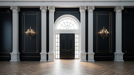 Baroque Style Interior Design, with large white pillars, dark walls decorated with chandelier. - obrazy, fototapety, plakaty