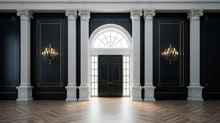 Fotobehang Baroque Style Interior Design, with large white pillars, dark walls decorated with chandelier. © meta
