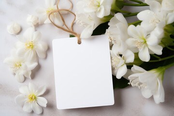 A mock-up of a white card and a tag lies on a table with spring flowers