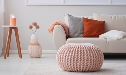 Fototapeta na wymiar Interior design, detail of bright sofa with pillows and a warm blanket