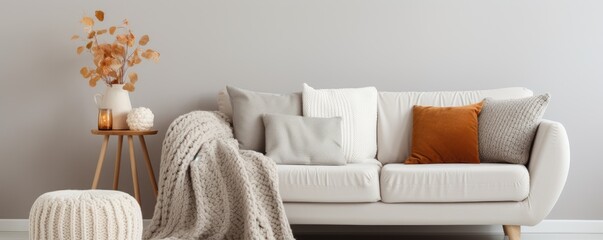Interior design, detail of bright sofa with pillows and a warm blanket - obrazy, fototapety, plakaty