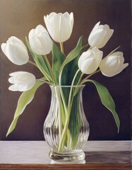 Transparent glass vase with beautiful white tulips. Home decor. Generative AI