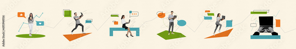 Poster Exclusive magazine picture sketch collage image of smiling workers sending messages empty space isolated beige color background