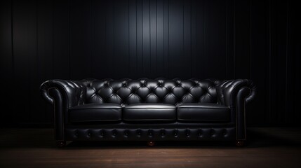 Black Leather Sofa In A Dark Room Background luxury style concept