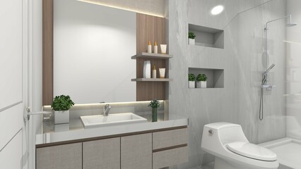 modern bathroom interior with wooden washbasin cabinet and mirror panel