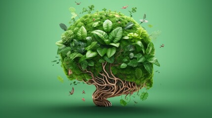 3d illustration of human brain covered with plants