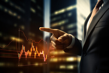 businessman hand pointing to stock market graph,investment concept,digital screen,daylight,medium shot,Generative AI