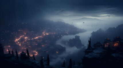 A coastal city nestled at the base of mountains by the sea is illuminated at night, enveloped in a mysterious fog as seen from above