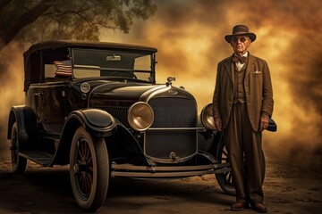 Confident American man near vintage car. Old time. Generate Ai