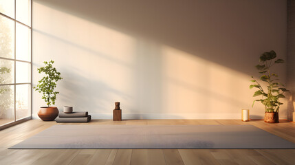 Minimalist Zen: Serene Yoga Space with Warm Sunlight and Greenery
