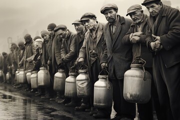 Hungry people, holding containers, waiting for free food in long line, great depression concept...