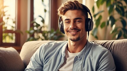 Happy calm handsome man in headphones sit relax on comfortable couch listening to music, podcast,...