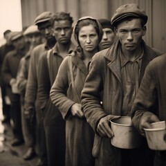 Hungry people, holding containers, waiting for free food in long line, great depression concept Generative AI 