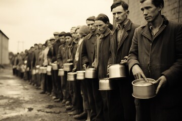 Naklejka premium Hungry people, holding containers, waiting for free food in long line, great depression concept Generative AI 