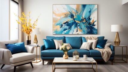 a modern living room with contemporary furniture and decor, including a large, comfortable blue sofa adorned with cushions.