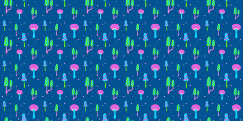 Fantasy magic mushroom seamless pattern for scrapbooking, wrapping paper, baby textiles, fabrics.