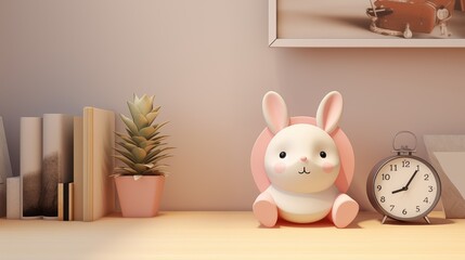 Adorable bunny and a pile of books on a desk