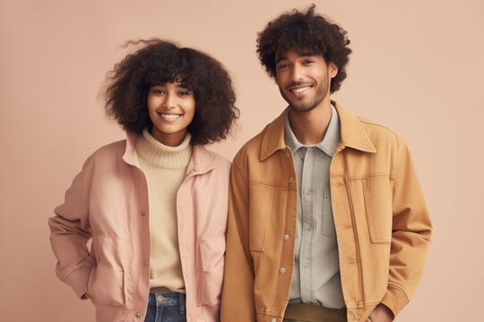 Fashionable young couple with natural curly hair in autumn jackets posing with warm smiles on a peach-colored backdrop - Concept of fall fashion and happy relationships