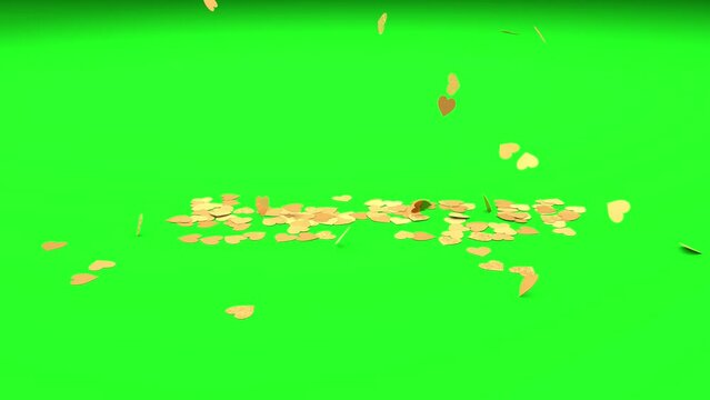 Falling gold hearts on a chroma key background. 3D rendering of animation. Video effect for valentine's day and weddings. Green screen. Rain from hearts, long video.