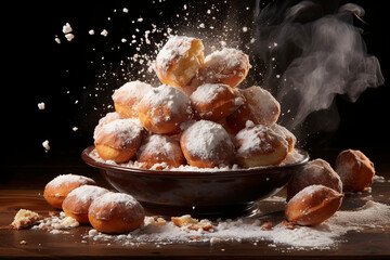 A bowl of Dutch oliebollen doughnuts dusted with powdered sugar. (Generative AI) - obrazy, fototapety, plakaty