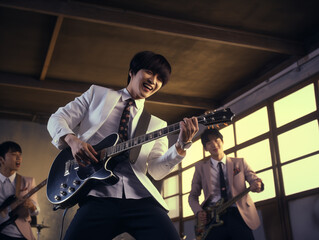 Fototapeta na wymiar korean k-pop boys band posing in the studio