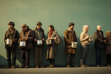 Fototapeta premium Hungry people, holding containers, waiting for free food in long line, great depression concept Generative AI 