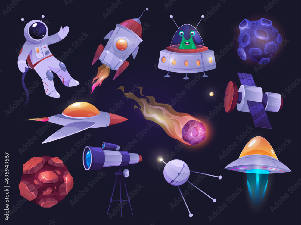 Poster Cosmos characters and spacecrafts, isolated astronaut in costume floating in space. Vector ufo, saucer with alien, meteor with fire and comet, telescope and satellite, galaxy exploration