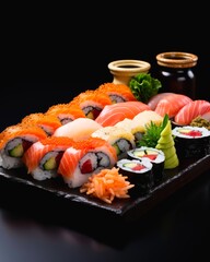 Set of different sushi on black background.