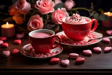 Fototapeta na wymiar valentine day table set with cup of coffee