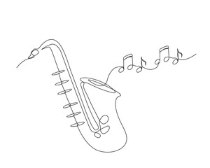 Continuous one line drawing of saxophone. Saxophone with note music outline vector illustration. Editable stroke.
