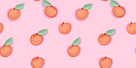 Creative graphic apricot or peach seamless pattern on a pastel pink background. Vector hand drawn sketch doodle. Summer fruits illustration for printing. Design for  fabric, fashion