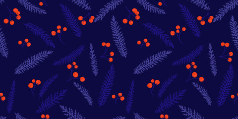 Seamless creative tiny branches leaves and berries, dots pattern on a dark purple blue background. Vector hand drawn sketch. Elegance abstract leaf floral printing. Design for fabric, fashion