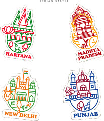 Creative sticker  for the Indian states Haryana, Madhya Pradesh, New Delhi, and Punjab with an illustration of Haryana, Madhya Pradesh, New Delhi, Punjab national animal, and a landmark Place